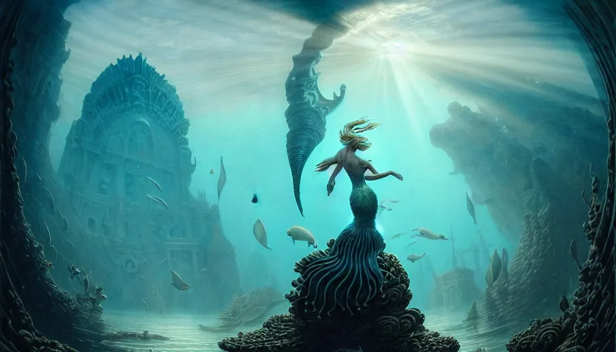 Prompt: a graceful mermaid looking at the sunken city of Atlantis under water, rays of sunlight, stunning undersea intricate detailed grand architecture in the style of Joe Fenton, art style by Greg Rutkowski and Mohrbacher, deep underwater scene, dark and moody, faint volumetric god rays, grim crushing atmosphere, trending on artstation, masterpiece, claustrophobic