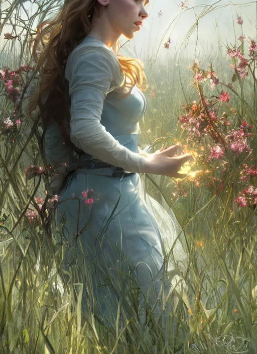 Image similar to Scarlett Johansson as a elf on a beutiful meadow, afternoon, art by Artgerm and Greg Rutkowski and Alphonse Mucha, DAZ, hyperrealistic, ambient light, dynamic light