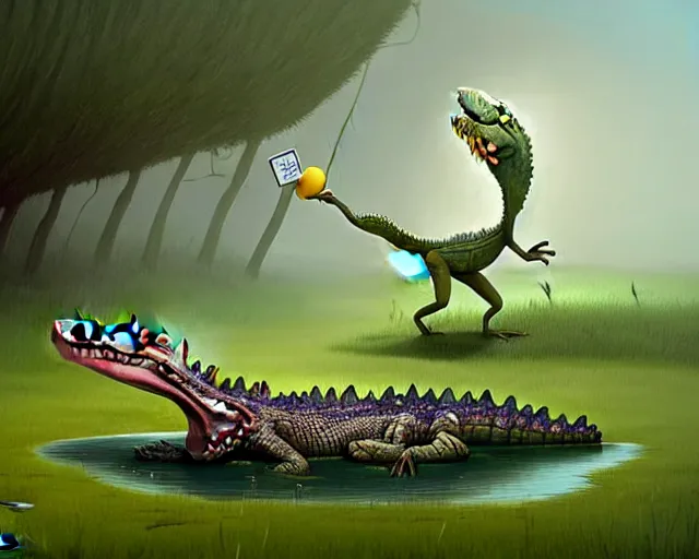 Image similar to A crocodile trying to catch a roadrunner, Funny cartoonish, by Gediminas Pranckevicius H 704