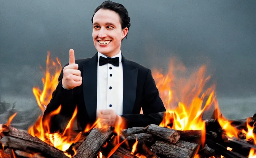 Image similar to a man wearing a tuxedo sitting in the middle of a bonfire