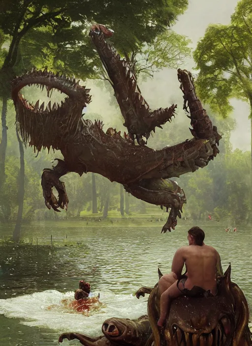 Prompt: huge towering beastly monstrous creature emerging from lake in urban park on sunny day, splashing, partially submerged, water cascading, by sergey kolesov and lawrence alma tadema and norman rockwell and greg staples and craig mullins and john berkey and ruan jia, artstation creature art