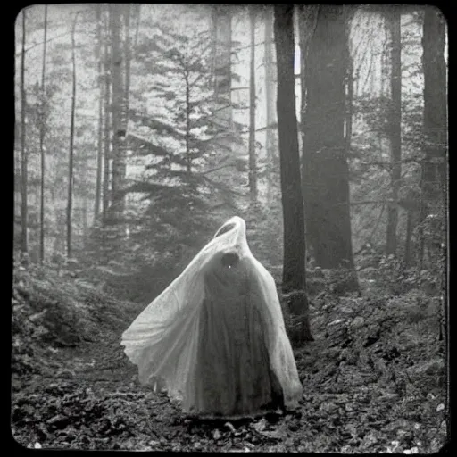 Prompt: scary unproportionally large ghost creature in the woods, 1900s picture