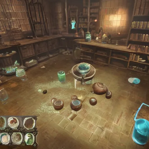 Prompt: ransacked alchemy laboratory with water on the floor, broken supplies on the floor, reagents spilling over the table