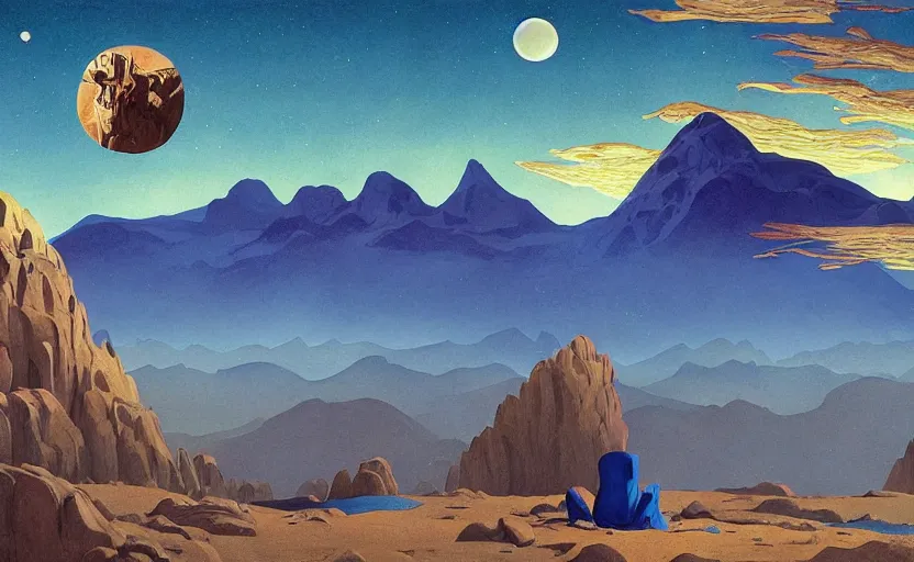 Image similar to mountains, stars and paisley filled sky, artstation, intricate, highly detailed, digital painting, concept art, sharp focus, illustration by Edward Hopper and Roger Dean and Piero della Francesca and Yves Tanguy and Michael Whelan and Jean Claude Mézières and Enki Bilal and Benjamin Lacombe and Megan Duncanson