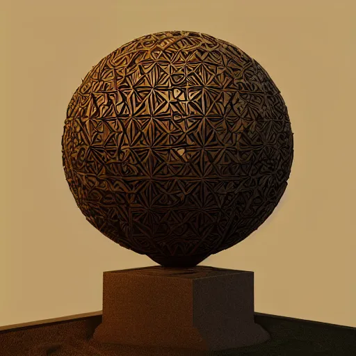 Prompt: : sphere sculpture covered with maze pattern,hyper detailed art station  parabolic lighting contest winners unrealengine trending on artstation,cinematic, hyper realism, high detail, octane render, 8k