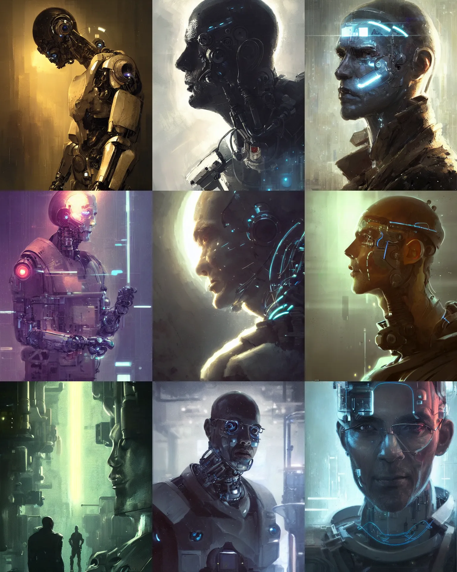 Prompt: a laboratory helper man with cybernetic enhancements seen from a distance, scifi character portrait by greg rutkowski, craig mullins, 1 / 4 headshot, cinematic lighting, dystopian scifi gear, profile picture, mechanical, cyborg, half robot
