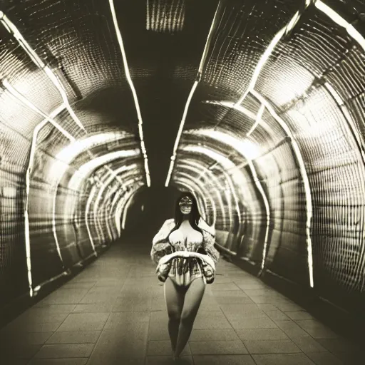 Prompt: closeup photo of beautiful sexy Chinese ancient princess standing in the tunel in the space ship segment, futuristic space ship interrior, wires with lights, vintage old photo, black and white, sepia, cinematic lighting, cinematic angle, editorial photography