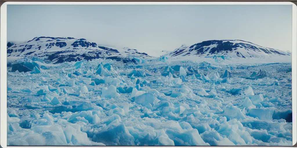 Prompt: polaroid photo of glaciers in iceland, surrounded by snow and ice, bright blue sky