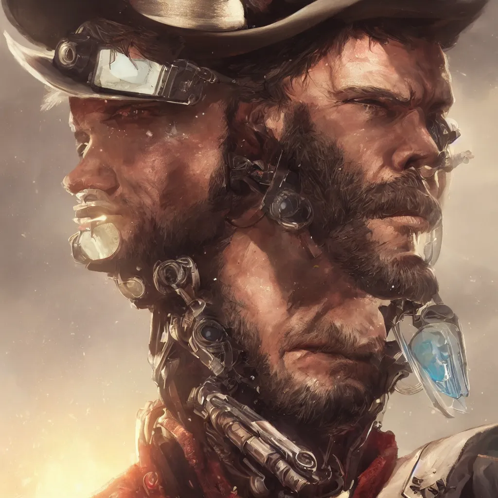 Image similar to a single close-up portrait of Arthur Morgan from Red Dead Redemption as a cyborg, hyper-realistic cyberpunk style, Peter Mohrbacher Takayuki Takeya moody, face by Yanjun Cheng, Irakli Nadar, dramatic cinematic lighting, trending on artstation, deviantart google images, pinterest