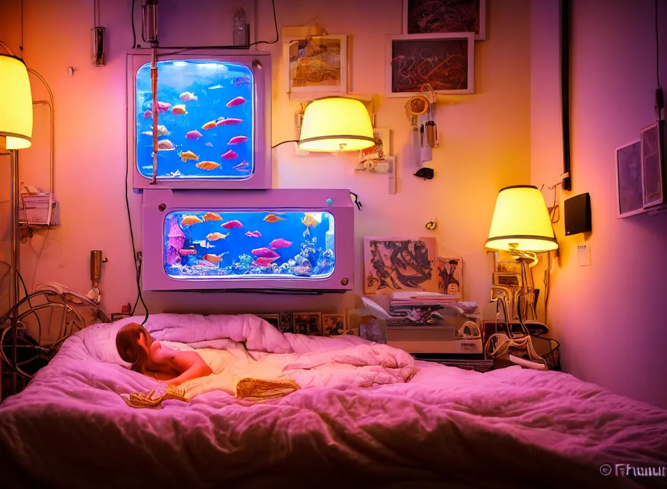 Prompt: telephoto 7 0 mm f / 2. 8 iso 2 0 0 photograph depicting the feeling of chrysalism in a cosy cluttered french sci - fi ( art nouveau ) cyberpunk apartment in a pastel dreamstate art cinema style. ( aquarium bed, computer screens, window ( city ), leds, lamp, ( ( ( bed ) ) ) ), ambient light.