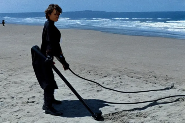 Image similar to Anakin Skywalker vacuuming the beach to remove sand