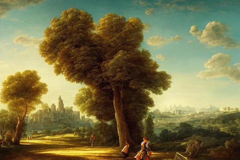 Image similar to beautiful city landscape with oak trees, mythology, fantasy, landscape background, vivid colors, digital painting, very detailed, realistic, high quality, by claude lorrain