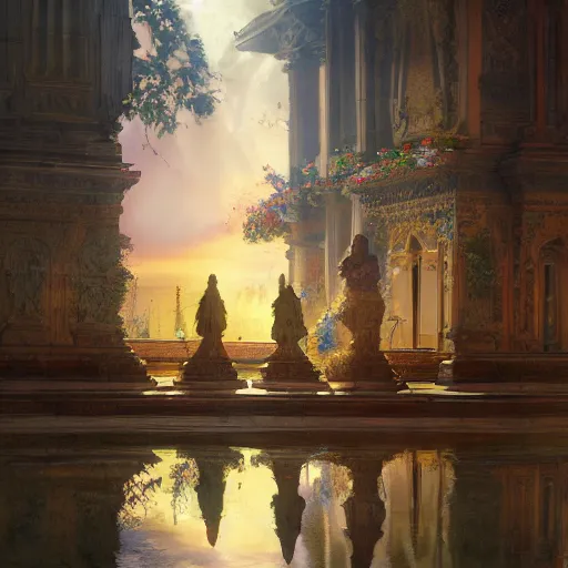 Image similar to beautiful colorful picture of the gates of heaven, volumetric lighting, 8 k octane beautifully detailed render, post - processing, extremely hyper - detailed, intricate, epic composition, cinematic lighting, masterpiece, trending on artstation, detailed detailed detailed, masterpiece, stunning art by anders zorn, wonderful masterpiece by greg rutkowski, beautiful cinematic light,