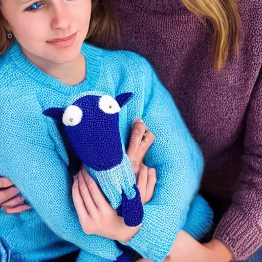 Image similar to a lamb with a blue knitted sweater hugging his mom, in the style of Leo Lionni