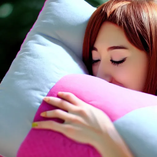 Prompt: cute anime girl hugging a pillow, official media