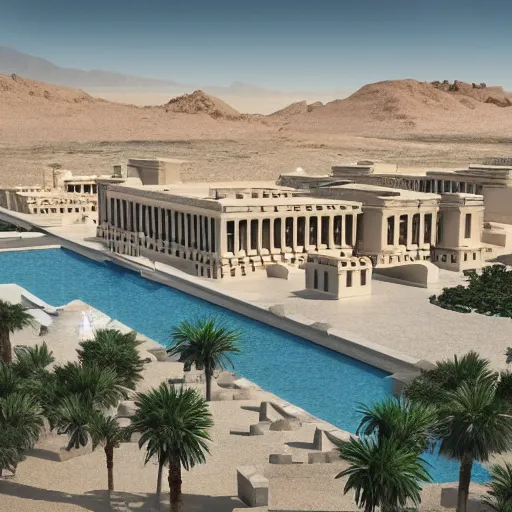 Prompt: world's largest private residence, located in the midst of the nevadan desert, inspired by the architecture of the ancient egyptian temples, trending on artstation, unsplash, overhead view!!!!!, cgsociety contest winner, 4 k photorealism, 4 k quality