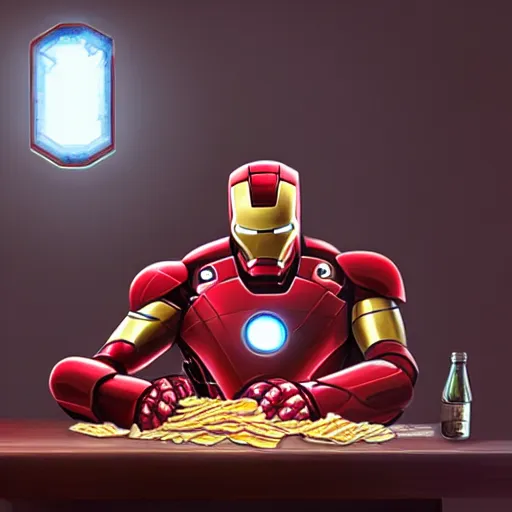 Prompt: iron man eats chips and plays in laptop in detailed gamer room, coke and chips on table, cyberpunk concept art, trending on artstation, highly detailed, digital art, 8 k