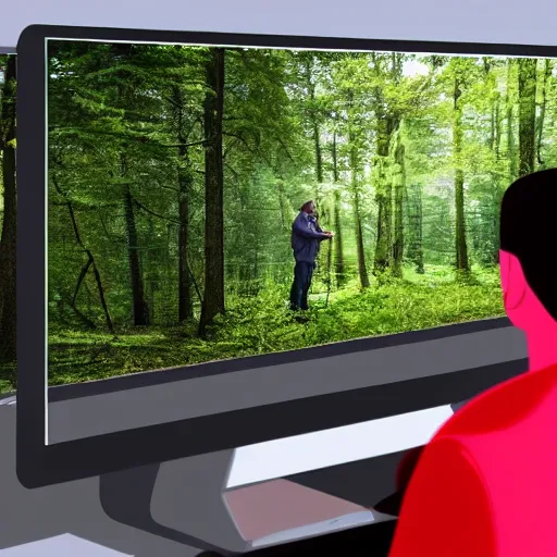 Prompt: cgi rendering of a man at a computer in the middle of the woods.