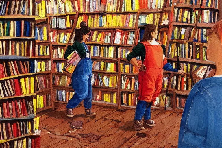 Prompt: woman wearing overalls in a bookstore warm colors painting moebius isometric
