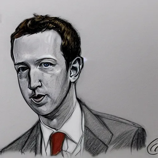 Prompt: courtroom sketch of mark zuckerburg being found guilty of crimes against humanity, courtroom sketch, pencil sketch