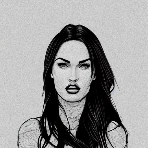 Prompt: megan fox portrait by arunas kacinskas, sketch, pencils, minimalistic, procreate, digital illustration, vector illustration, doodle, applepencil, procreate brushes, geometrical shapes and lines, newstyle, retro, gritcore