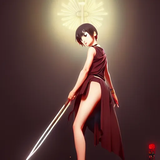 Prompt: digital anime art, a japanese woman holding a metal spiked club kneeling for an altar wlop, ilya kuvshinov, artgerm, krenz cushart, greg rutkowski