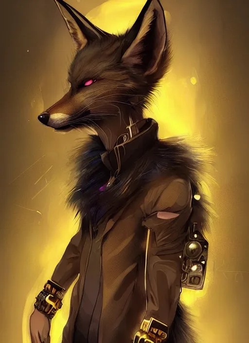 Image similar to award winning beautiful portrait commission of a male furry anthro melanated fox fursona with a tail and a cute beautiful attractive detailed furry face wearing stylish black and gold cyberpunk clothes in a cyberpunk city at night while it rains. Character design by charlie bowater, ross tran, artgerm, and makoto shinkai, detailed, inked, western comic book art