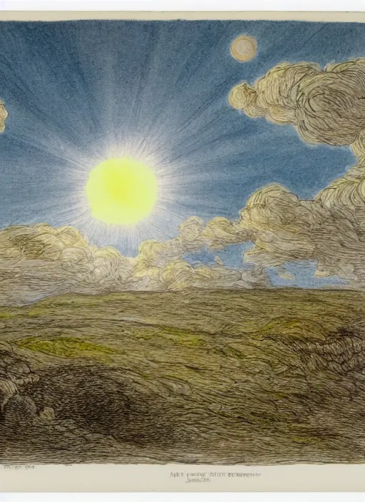 Image similar to day sky, sun prominently in the center, surrounded by clouds, landscape, illustrated by peggy fortnum and beatrix potter and sir john tenniel