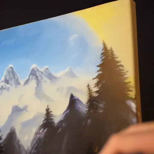 Image similar to a closeup photorealistic photograph of bob ross working on a canvas painting of deadpool. film still. brightly lit scene. mountains and trees. this 4 k hd image is trending on artstation, featured on behance, well - rendered, extra crisp, features intricate detail, epic composition and the style of unreal engine.