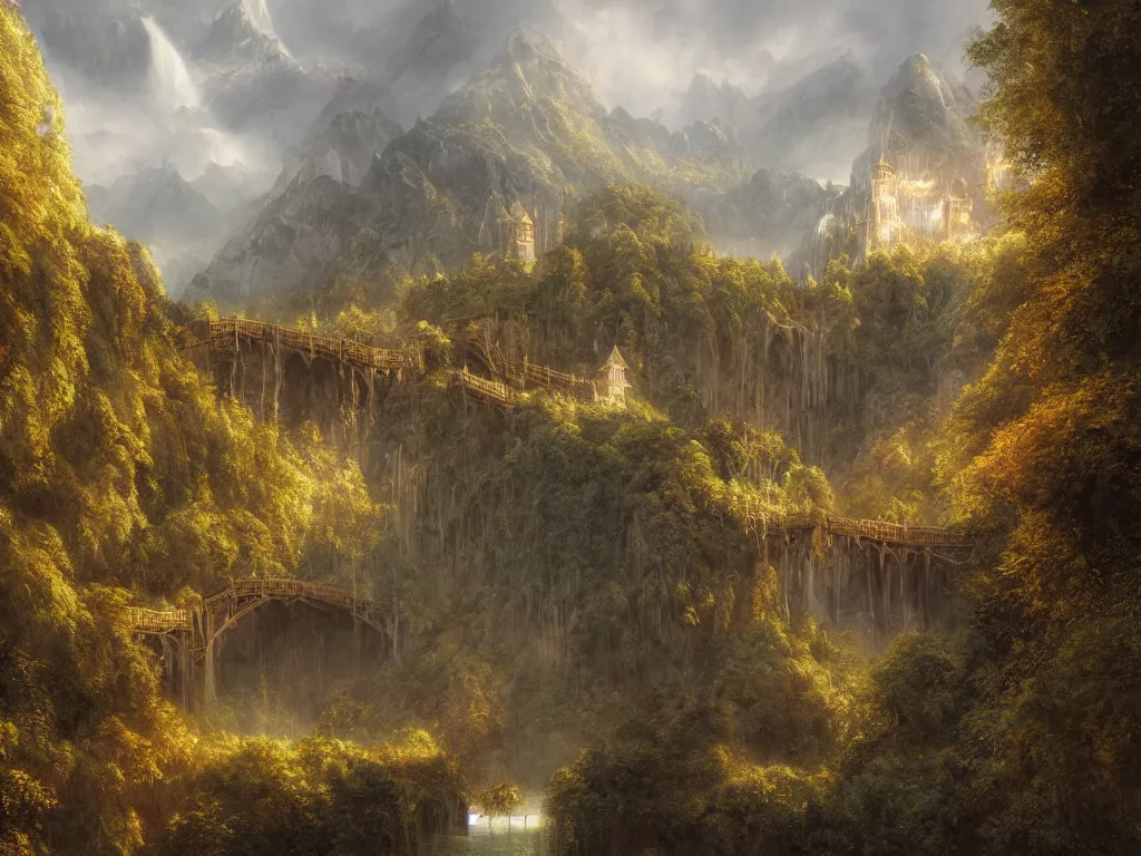 Image similar to Rivendell in the evening, detailed matte painting, cinematic, Alan Lee, Artstation