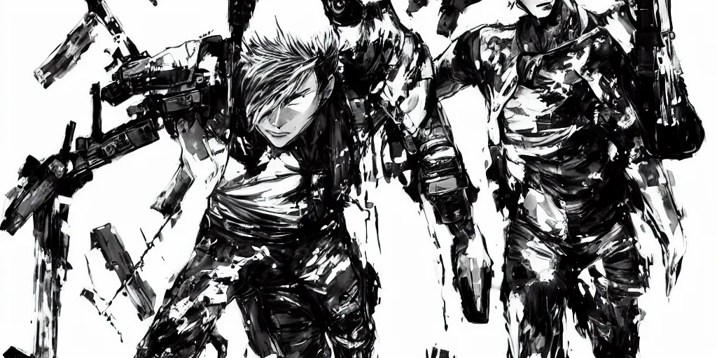 Prompt: a full - body portrait of denji from chainsaw man, in yoji shinkawa's art style, metal gear solid art style, manga, highly detailed, 4 k, artistic, white background, b & w