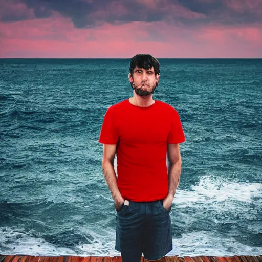 Image similar to guy with short dark hair on his side, dressed in a red t - shirt, standing still against the background of the sea digital art, 8 k, character, realism, portrait