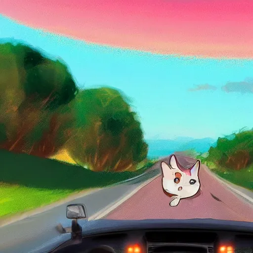 Prompt: convertible with cat driver on road driving towards camera, motion blur, clear sky, golden hour, unobstructed road, artstation