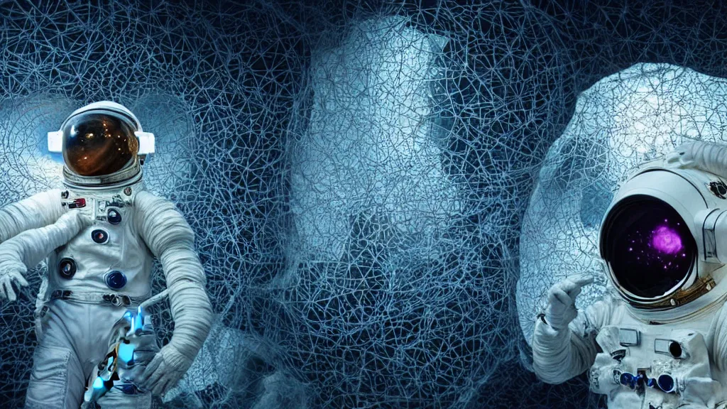 Image similar to a astronaut eva suit covered in diamond 3d fractal lace iridescent bubble 3d skin and covered with insectoid compound eye camera lenses floats through the living room, film still from the movie directed by Denis Villeneuve with art direction by Salvador Dalí, wide lens,