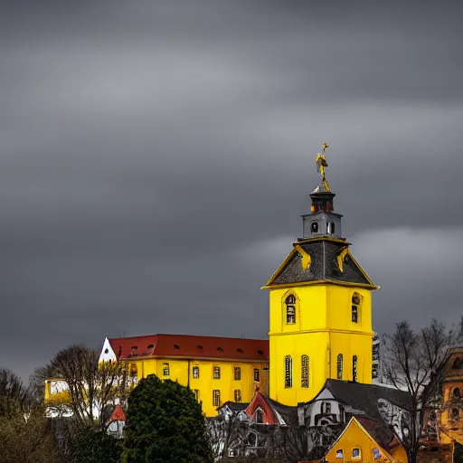 Image similar to a large yellow building with a steeple on top of it, a flemish baroque by karl stauffer - bern, unsplash, heidelberg school, panorama, wimmelbilder, on a hill, sadness, dark ambiance, by banksy