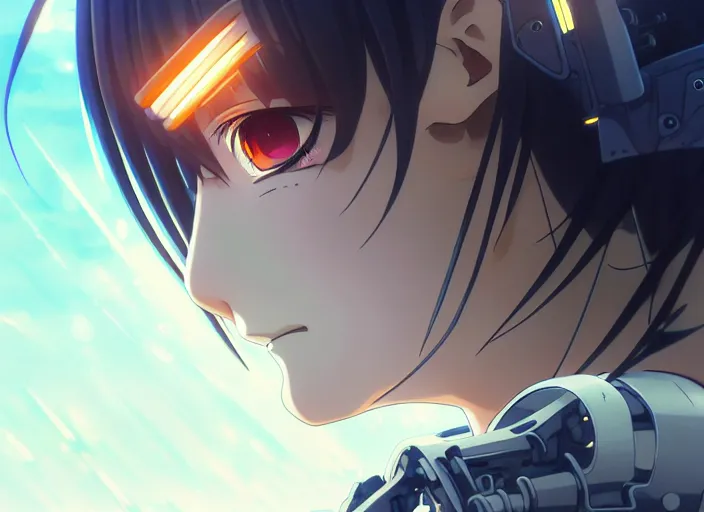 Image similar to a anime portrait of a cyborg woman, finely detailed features, closeup at the face, sharp focus, aesthetically pleasing art, night time city background, cinematic lighting, highly detailed, intricate, smooth, anime!! artstation, trending on pixiv fanbox, painted by greg rutkowski and studio ghibli and yoji shinkawa and hayao miyazaki,