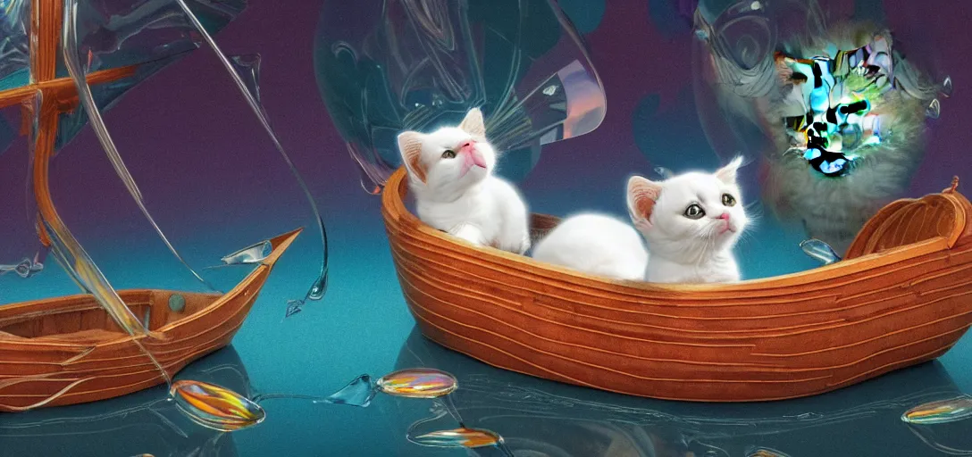 Prompt: a kitten in a boat, translucent and hyperrealistic and ultra - detailed in the style of roger dean, jin kagetsu, james jean, chris cunninham, hans bellmer and wlop, bloom, glow, reflection, refraction, matte, glossy, smooth, emissive material