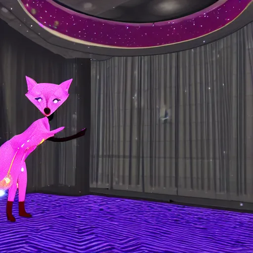 Image similar to Second Life screenshot of a fox in a sparkly pink tuxedo in a GYC night club