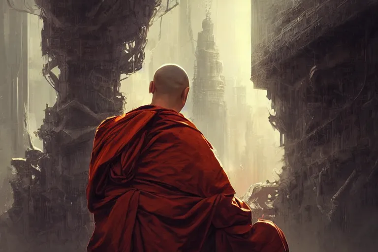 Image similar to Ultra realistic illustration, buddhist monk, cyberpunk, sci-fi, fantasy, intricate, elegant, highly detailed, digital painting, artstation, concept art, smooth, sharp focus, illustration art in the style of artgerm, by greg rutkowski, by albrecht durer,