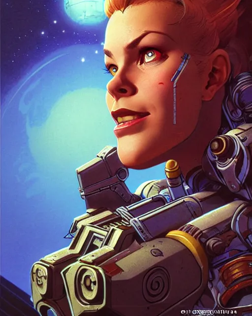 Image similar to brigitte from overwatch, character portrait, portrait, close up, concept art, intricate details, highly detailed, vintage sci - fi poster, retro future, in the style of chris foss, rodger dean, moebius, michael whelan, and gustave dore