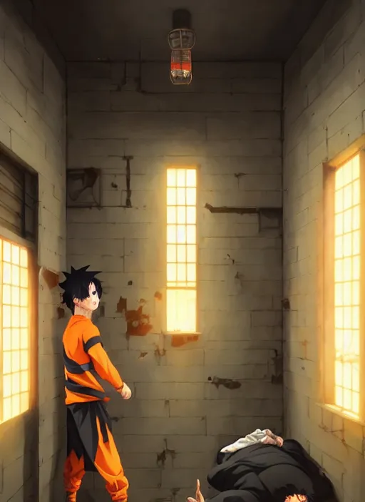 Image similar to highly detailed prison cell with naruto uzumaki with black hair, hitting a wall, art by greg rutkowski, loish, rhads, ferdinand knab, makoto shinkai and lois van baarle, ilya kuvshinov, rossdraws, tom bagshaw, global illumination, radiant light, detailed and intricate environment