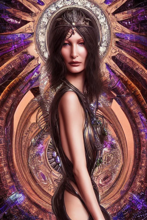 Image similar to a portrait of a beautiful ancient alien woman goddess bella hadid standing in iris van herpen dress in diamonds and fractals in style of alphonse mucha art nuvo dmt trending on artstation made in unreal engine 4