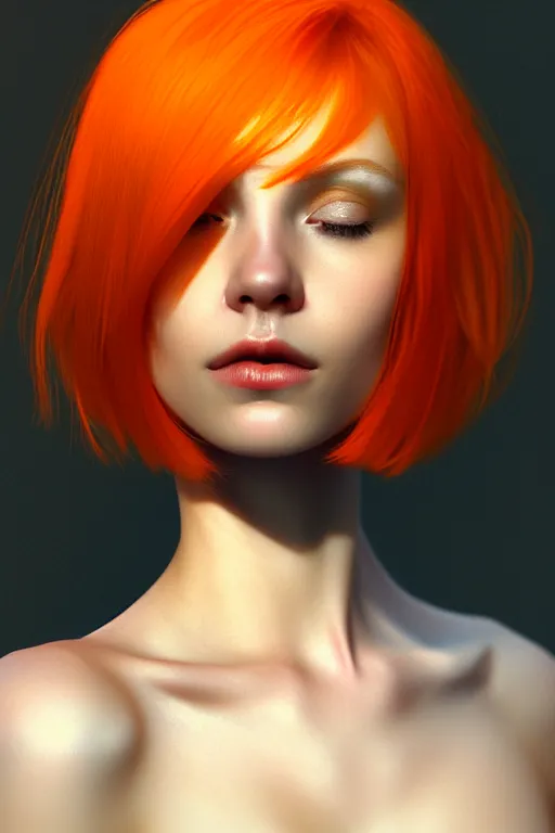 Image similar to Portrait of a beautiful pale skin Nordic female with short orange hair, elegant, photorealistic, highly detailed, artstation, smooth, sharp focus, gold ornaments, neon lighting, sci-fi, art by Klimt.