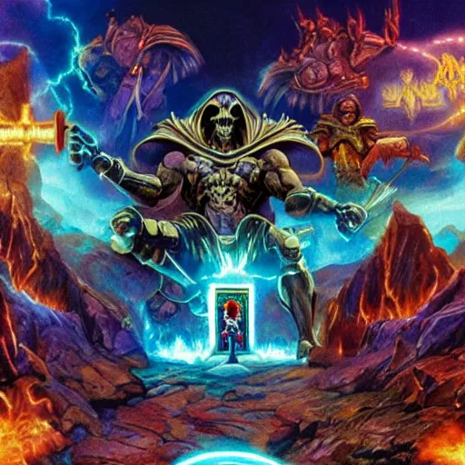 Image similar to masters of the universe, skeletor destroying sacred rainbow gates covered in illuminated Hebrew hieroglyphics