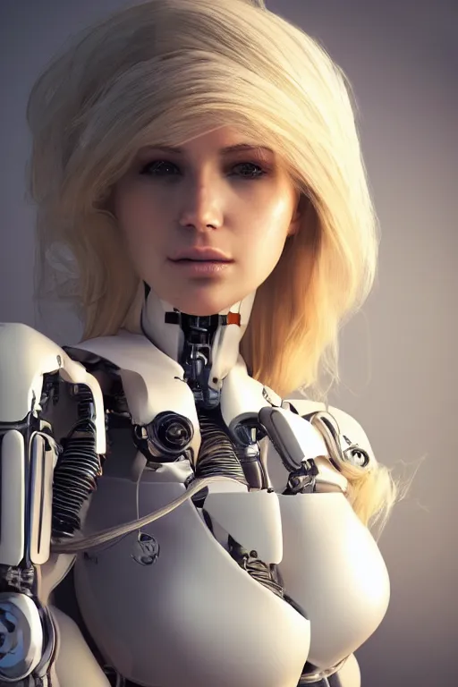 Image similar to a beautiful woman with blonde hair wearing robot suit with wires and light, highly detailed, photorealistic, artstation, smooth