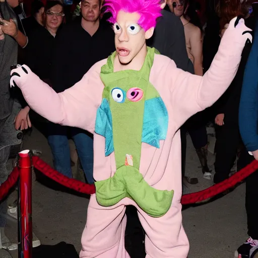 Prompt: pete davidson with pink hair in a silly dinosaur costume