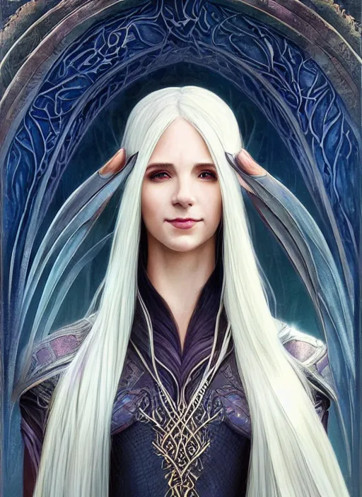 Image similar to portrait of a beautiful female elven mage, looking at camera, D&D, leather dress, long platinum hair, intricate, elegant, stylish, cute smile, fantasy, extremely detailed, digital painting, artstation, concept art, smooth, sharp focus, illustration, ambient lighting, incredible art by artgerm and greg rutkowski and alphonse mucha and simon stalenhag