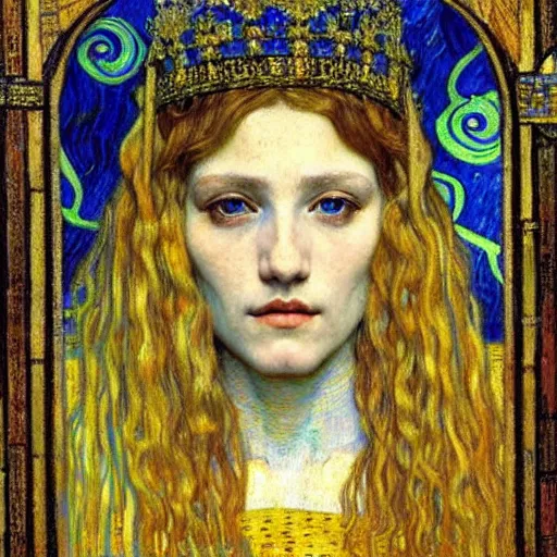 Image similar to detailed realistic beautiful young medieval queen face portrait by jean delville, gustav klimt and vincent van gogh, art nouveau, symbolist, visionary, gothic, pre - raphaelite