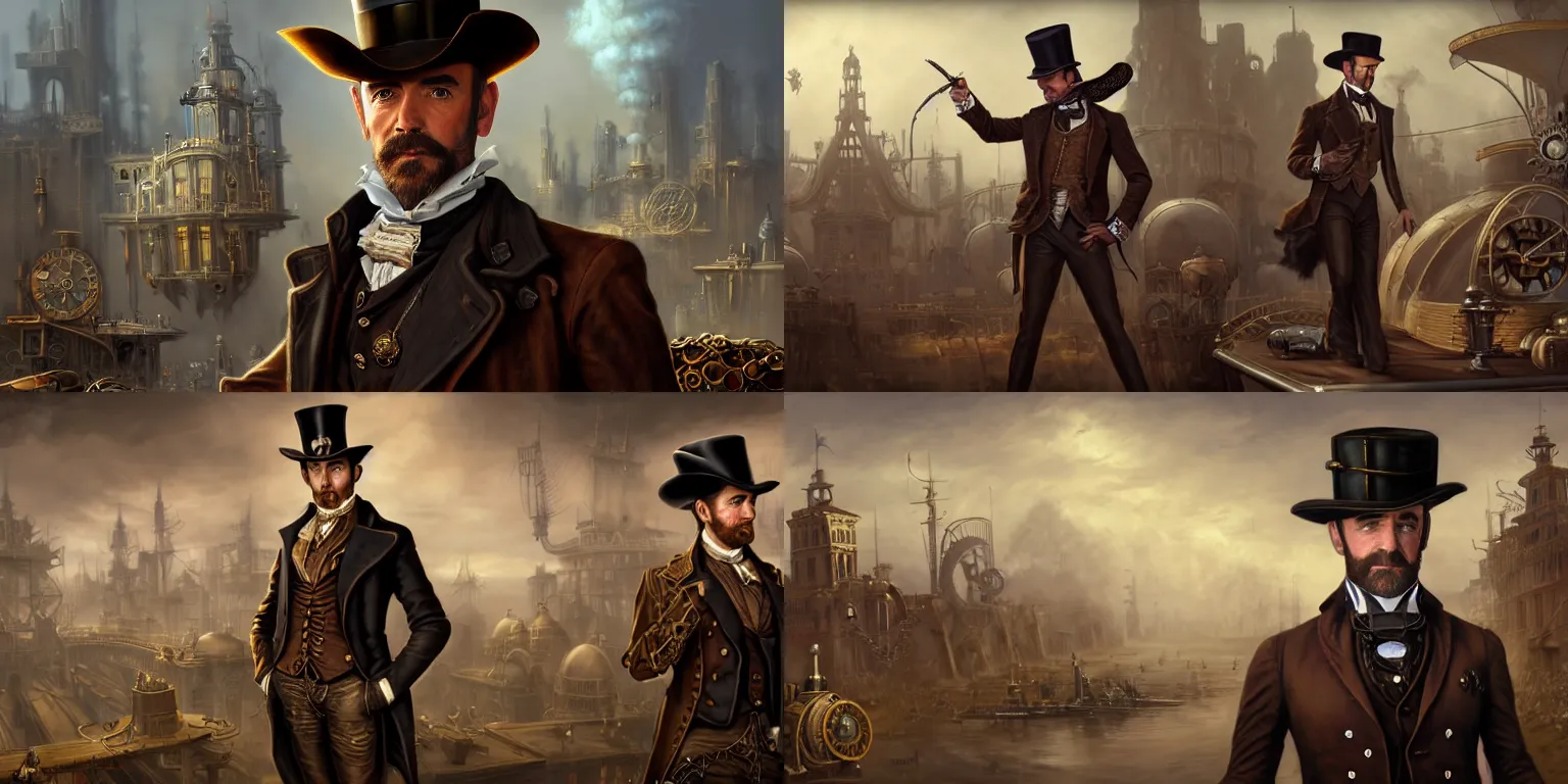 Prompt: portrait of a steampunk noble gunslinger gentleman young Sean Connery posing in hat in the center, matte painting of steam machines airships on background, by Antonio Caparo and tyler edlin and lindsey look, victorian, concept art, steam romance, steam-punk illustration, detailed, 4k resolution, trending on artstation