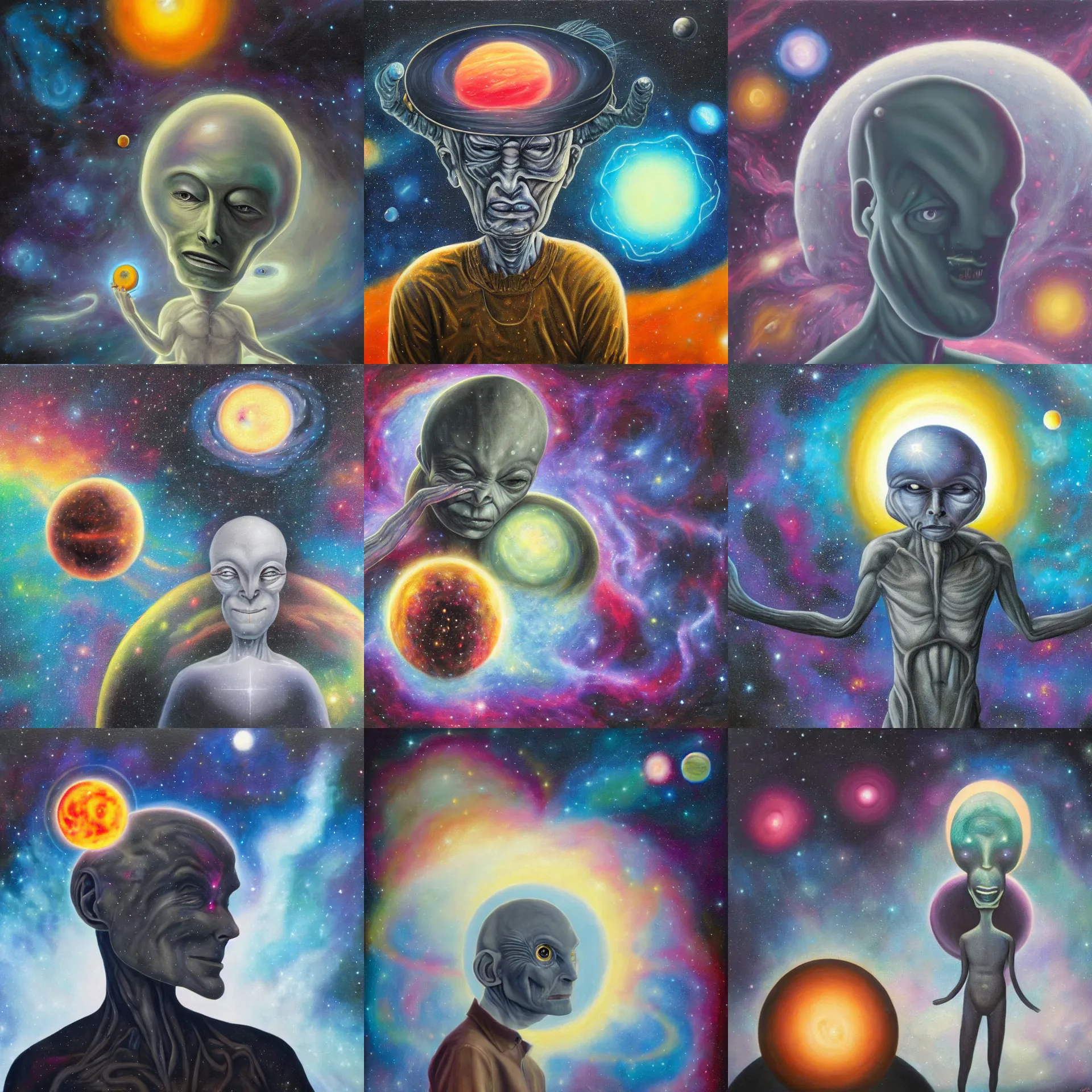 Prompt: surreal oil painting of a grey humanoid alien with a planet on his head, cosmic colorful nebula background